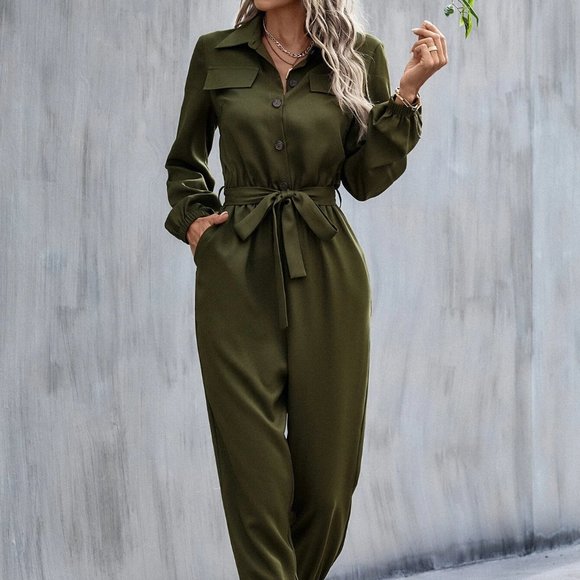 green belted jumpsuit casual classic trending - Picture 3 of 7